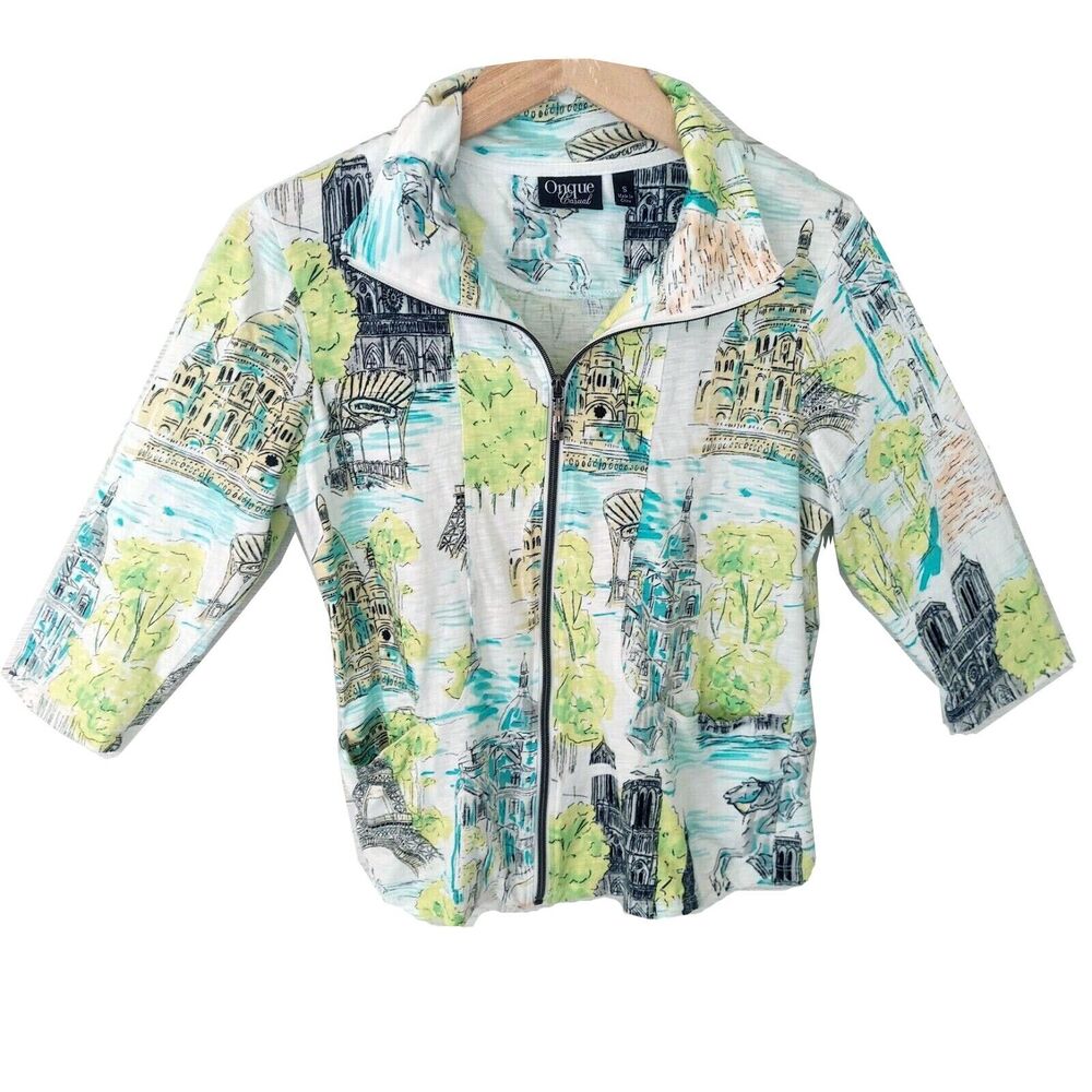 Onque Colorful Zip Jacket Small Paris Eiffel Tower Scene Sporty Lightweight